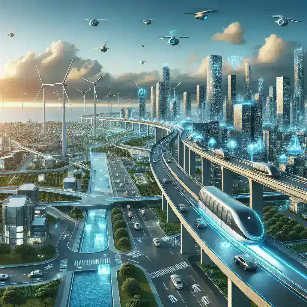 التقنيات الحديثة لتحويل المدن إلى مدن ذكية - صورة تظهر نماذج لمشاريع تكنولوجية متقدمة مثل أنظمة النقل الذكي والإضاءة الذكية في المدن العربية.